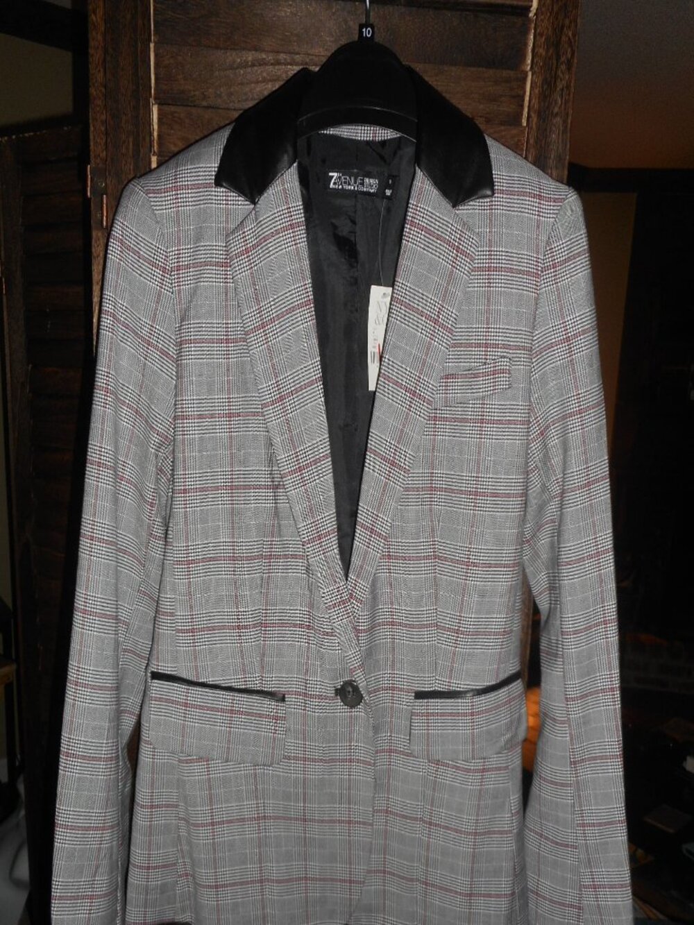 NWT Grey, burgundy plaid check blazer with faux leather collar, size 0